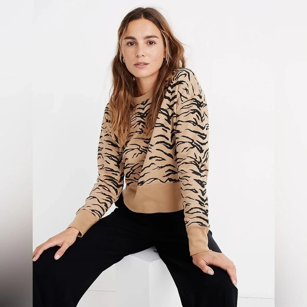 Madewell Tiger Print Cropped Sweatshirt Tan Animal Print Crewneck Size M